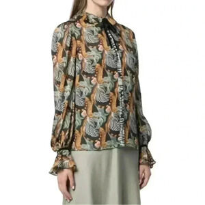 Temperley London Size 4 Maggie Jungle Print Velvet Tie Chiffon Blouse Maximalist